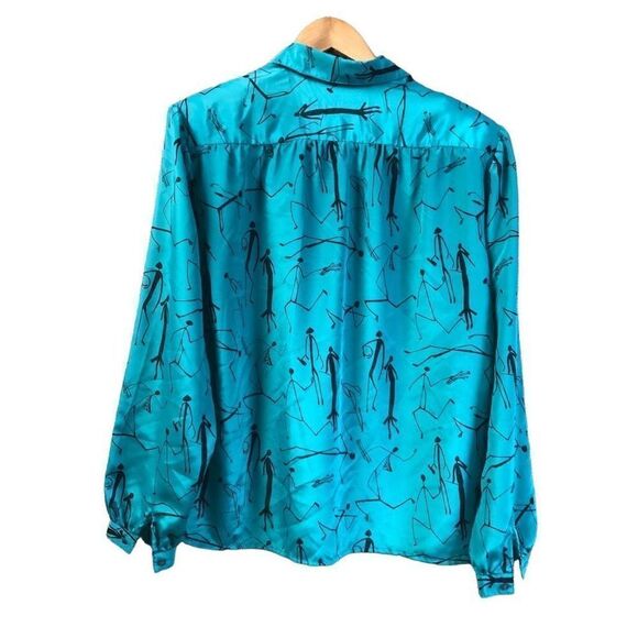Loubella Size 14 Green and Black 80s Button Down Stick Figure Blouse Shoulder Pa - Picture 2 of 7